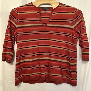 Lauren Ralph Lauren Shirt Women's‎ Size XL Red Striped Linen 3/4 Sleeve Western